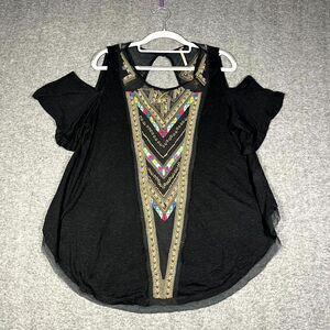 Free People Gypsy Spell Cold Shoulder Boho Beaded Embroidered Black Top XS